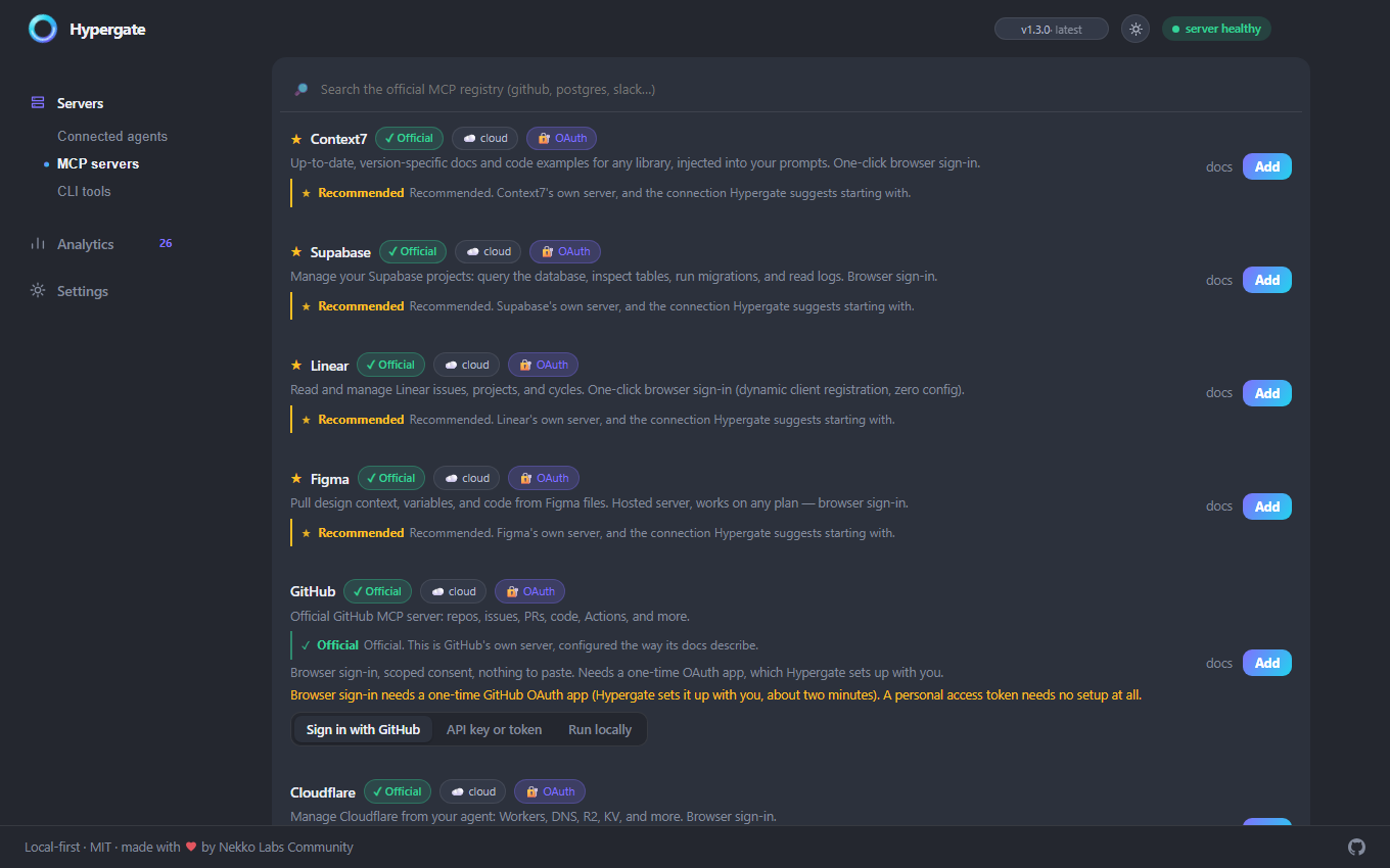 Hypergate catalog with official OAuth servers and recommended connection guidance for Context7, Supabase, Linear, Figma, and GitHub