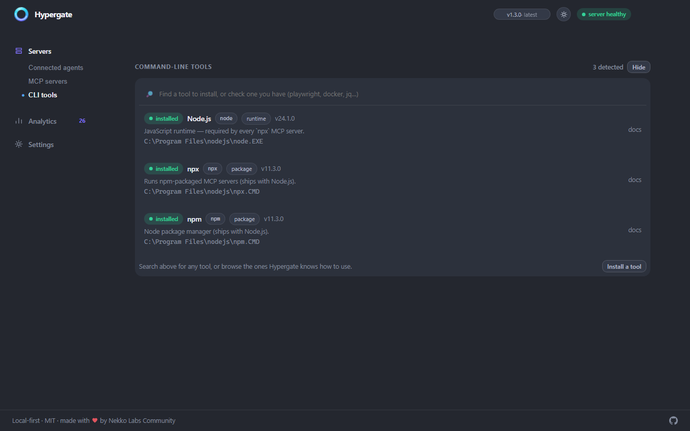 Hypergate CLI tools view showing installed Node.js, npx, and npm with versions and system paths