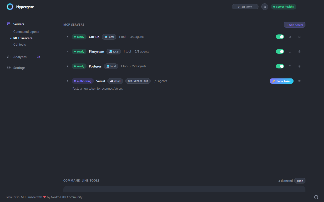 Hypergate MCP servers view with GitHub, Filesystem, and Postgres running, Vercel awaiting a token, and per-agent access counts